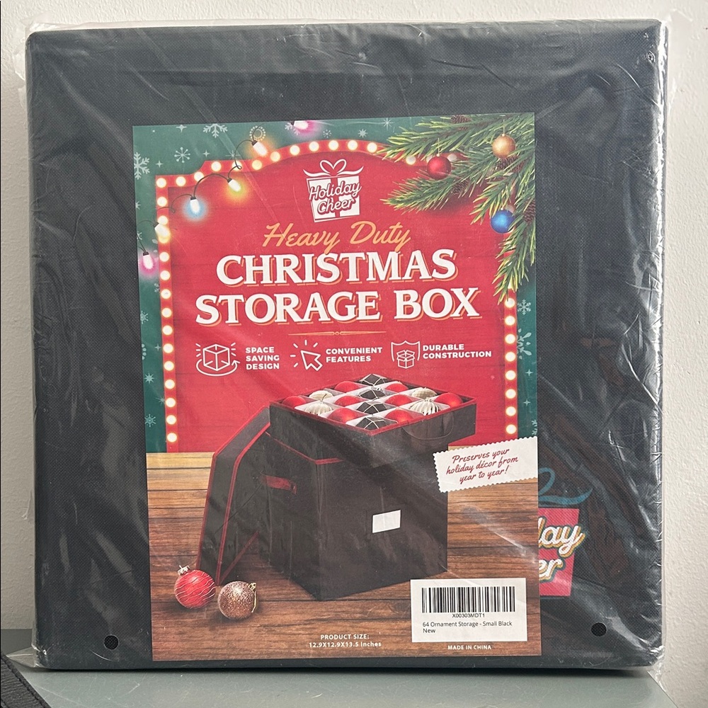 Holiday Cheer Heavy Duty Christmas Ornament Storage Box - Black and Red